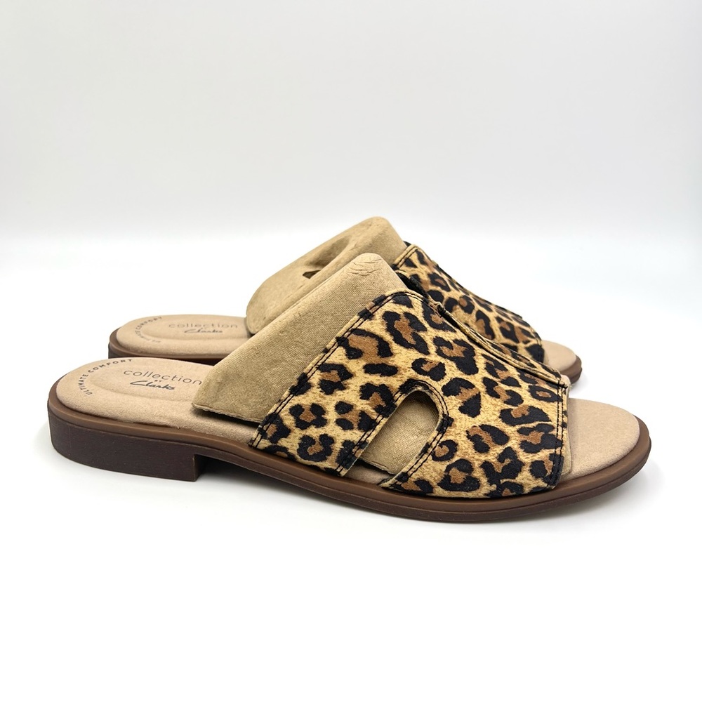 6.5 WIDE Clarks Declan Flo Leopard Animal Print Slip On Slides Sandals Shoes NEW